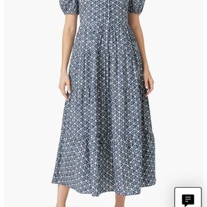 English Factory Navy and White Geometric Tiered Midi Dress
